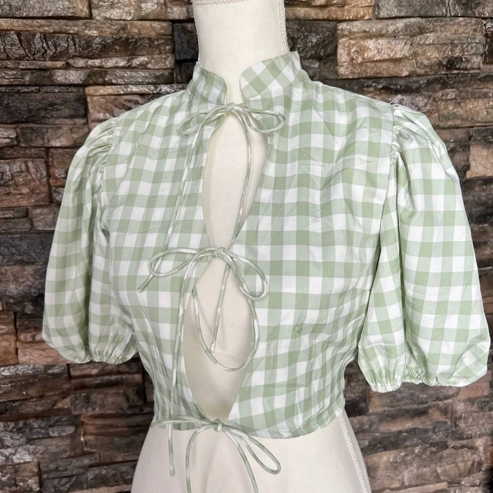 Nasty Gal Light Green Checkered Blouse - Picture 1 of 8